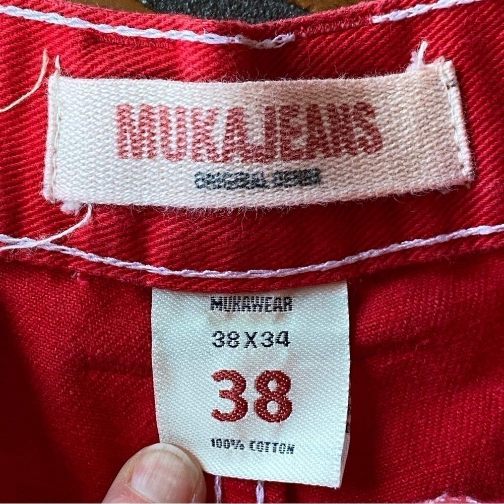Muka Mukawear Red Distressed Wide Leg Embroidered Jeans Size 38 X 30 View 5